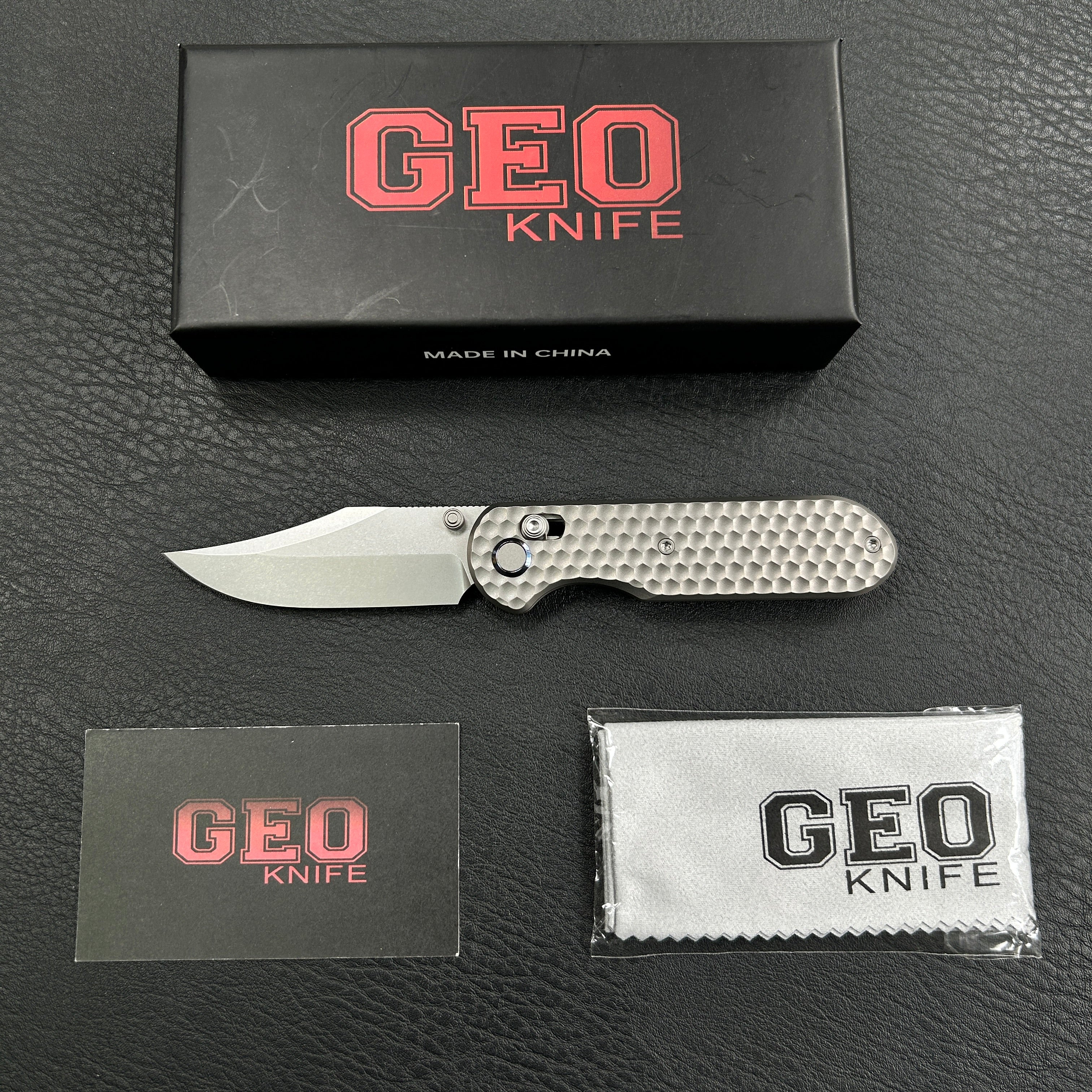 Geo knife Ethereal Cutter Axis lock Folding Knife Gray 6AL4V Titanium Handle 3.03" Stonewash Bohler M390 Blade GEO2401A