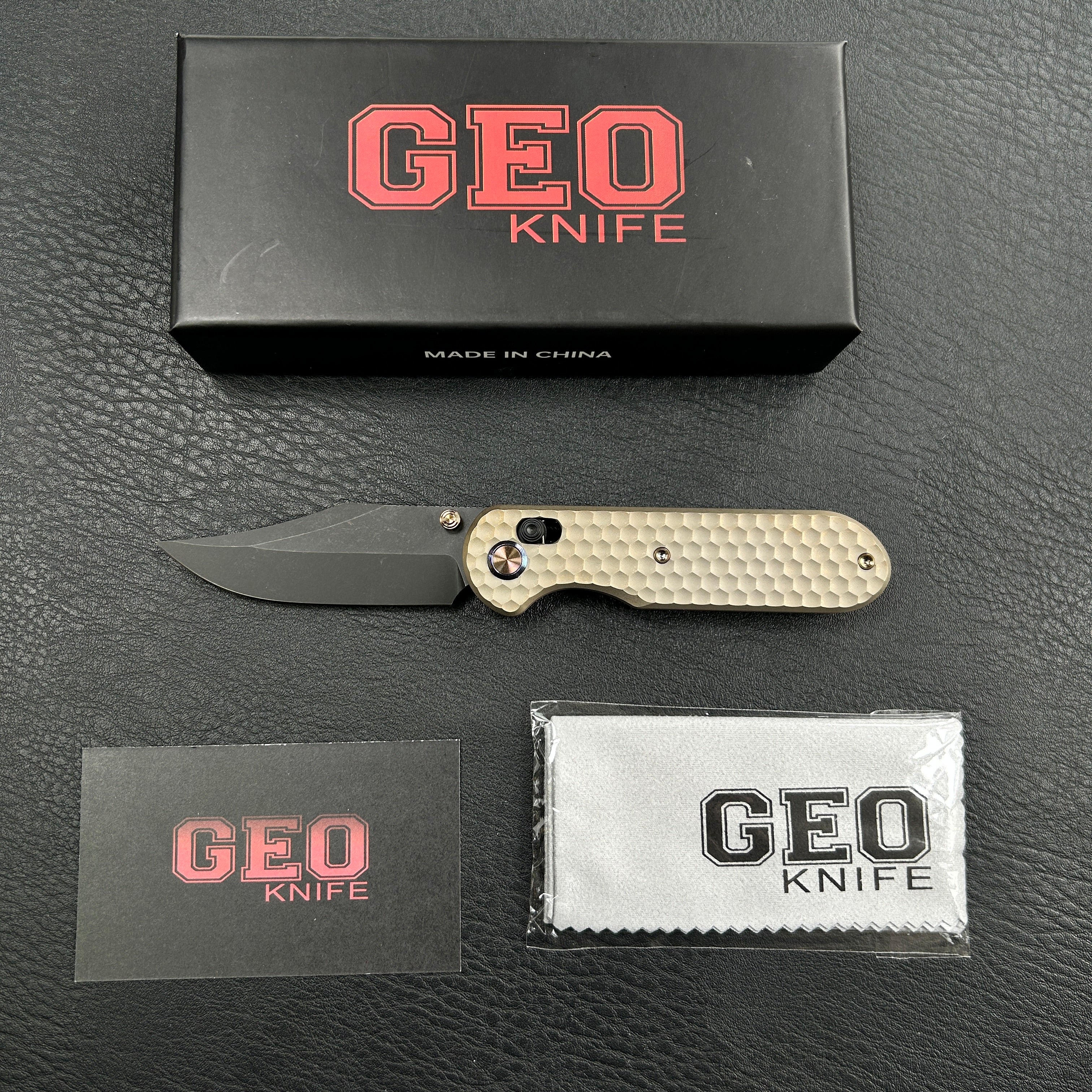 (Pre-order) : Geo knife Ethereal Cutter Axis lock Folding Knife Bronze 6AL4V Titanium Handle 3.03" Blackwash Bohler M390 Blade GEO2401B
