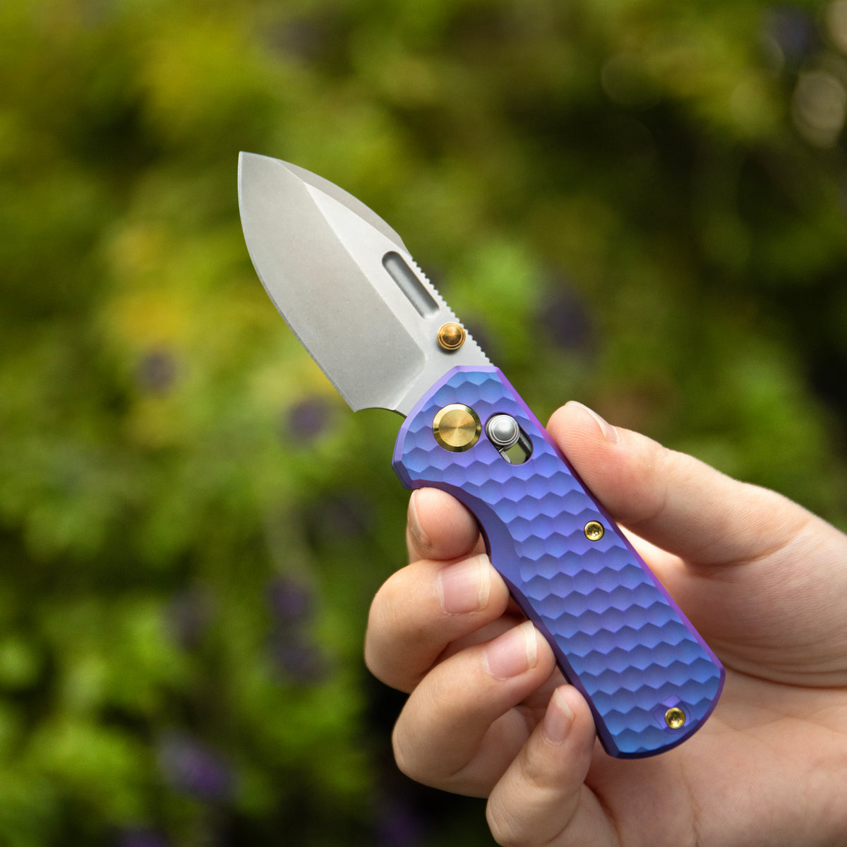 GEO Knife Belluf Crossbar lock Folding Knife Purple 6AL4V Titanium Handle 2.4" Stonewash Bohler M390 Blade GEO2508J