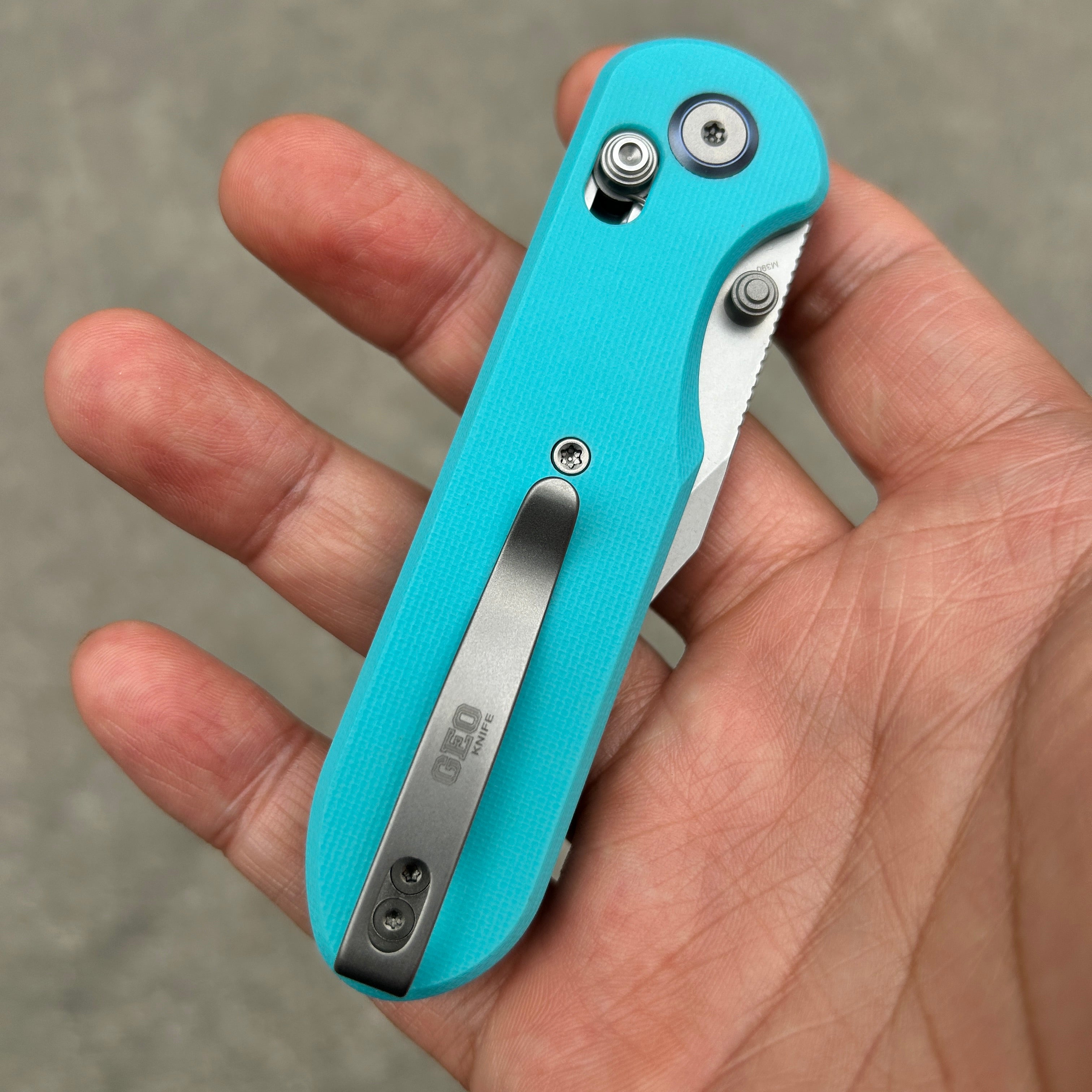 (Pre-order) : Geo knife Ethereal Cutter Axis lock Folding Knife Tiffany Blue G10 Handle 3.03" Stonewash Bohler M390 Blade GEO2401G